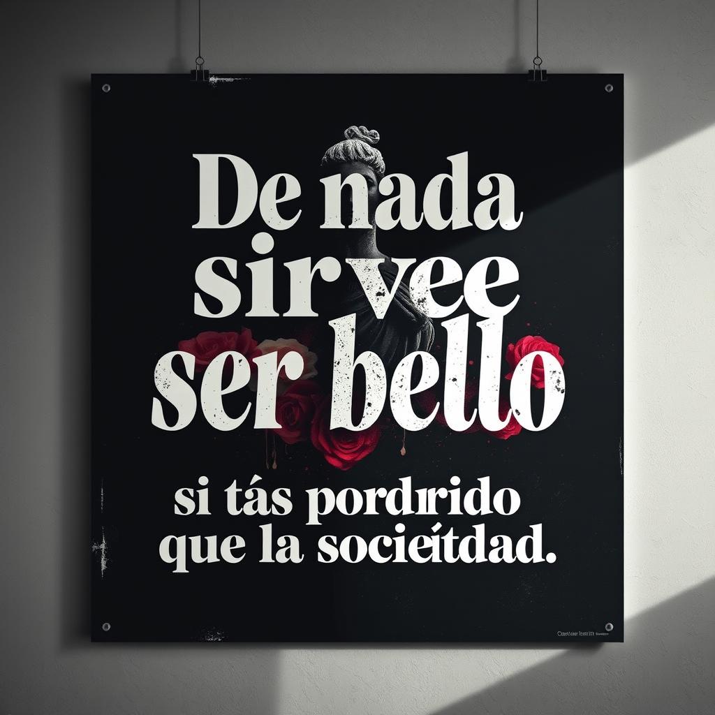 A captivating poster featuring the phrase "De nada sirve ser bello si estás podrido que la sociedad"