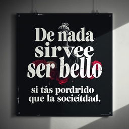 A captivating poster featuring the phrase "De nada sirve ser bello si estás podrido que la sociedad"