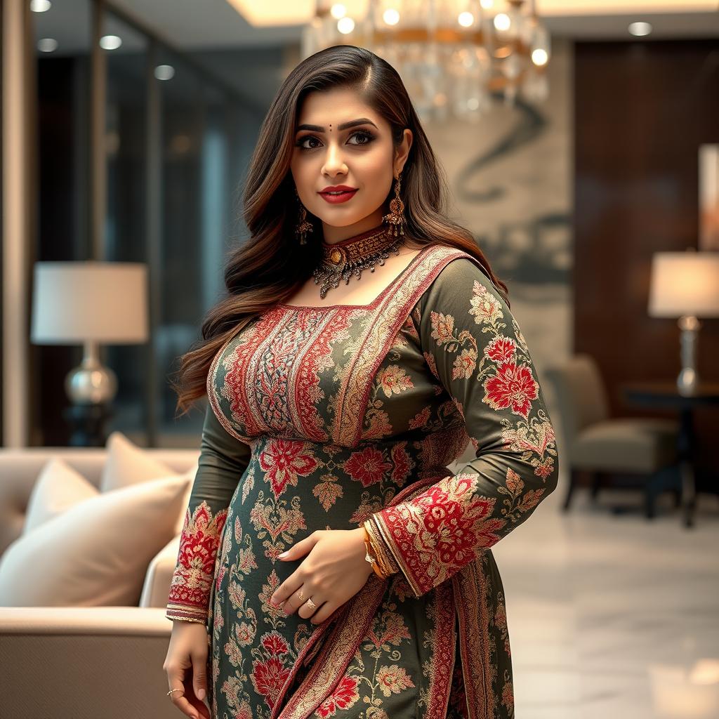 A thick, curvy, and busty Pakistani woman with a face resembling Kareena Kapoor