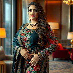 A thick, curvy, and busty Pakistani woman with a face resembling Kareena Kapoor