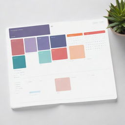 Mock up of an intuitive planner application with a neatly organized dashboard, displaying the calendar, tasks, reminders and goals. Elements of minimalist design with a balance of appealing color palette should be emphasized.