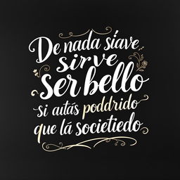 a compelling poster featuring the phrase 'De nada sirve ser bello si estás podrido que la sociedad', presented in a hand lettering style