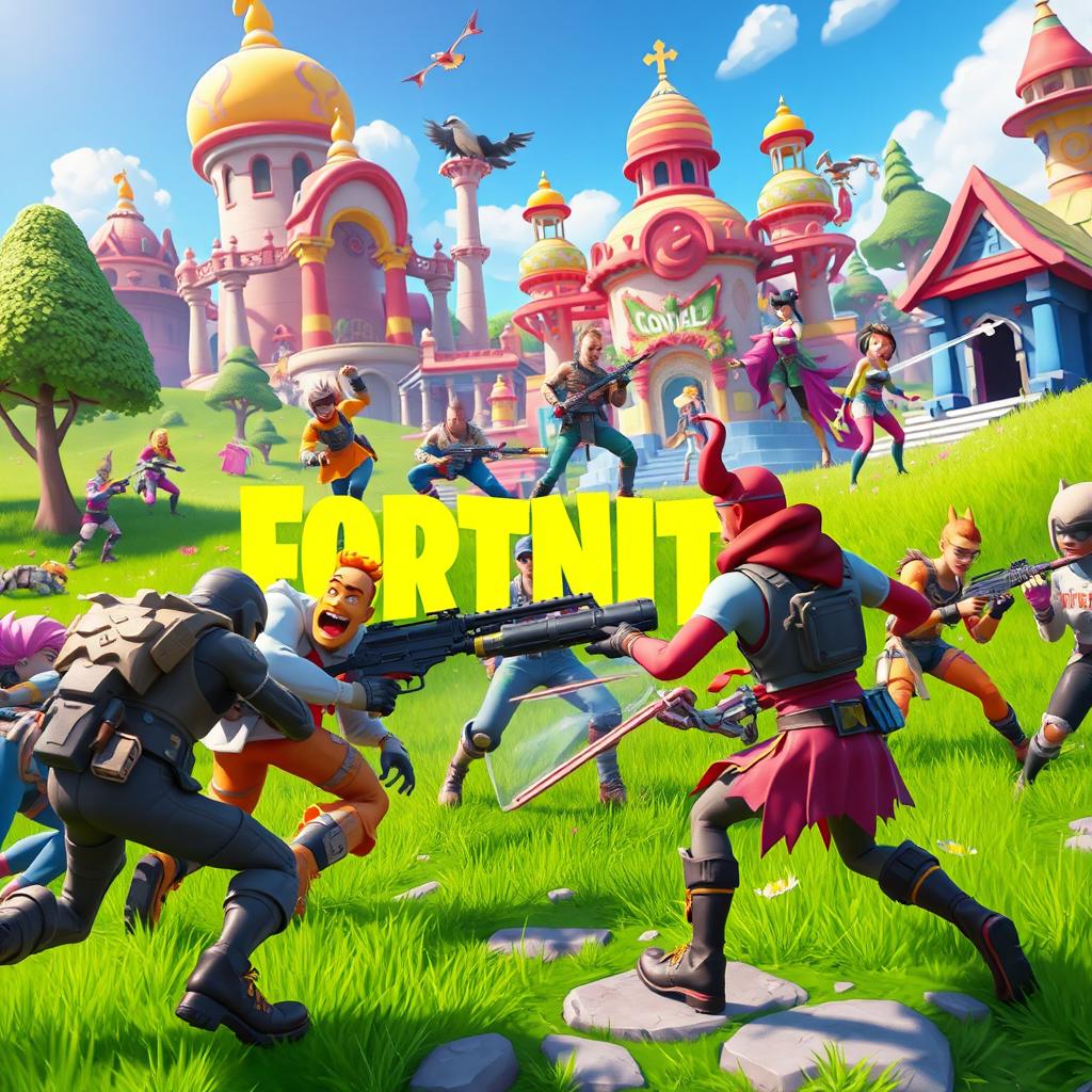 A vibrant and action-packed scene from Fortnite, featuring colorful and diverse characters in a dynamic battle royale setting