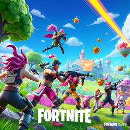 A vibrant and action-packed scene from Fortnite, featuring colorful and diverse characters in a dynamic battle royale setting