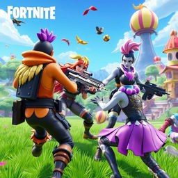 A vibrant and action-packed scene from Fortnite, featuring colorful and diverse characters in a dynamic battle royale setting