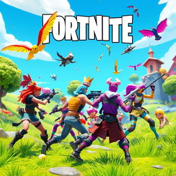 A vibrant and action-packed scene from Fortnite, featuring colorful and diverse characters in a dynamic battle royale setting