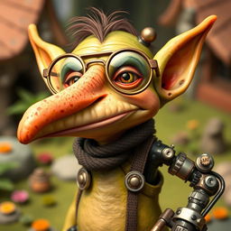 A quirky goblin character, sporting vintage 1940's aviator glasses, characterized by a long, pronounced nose