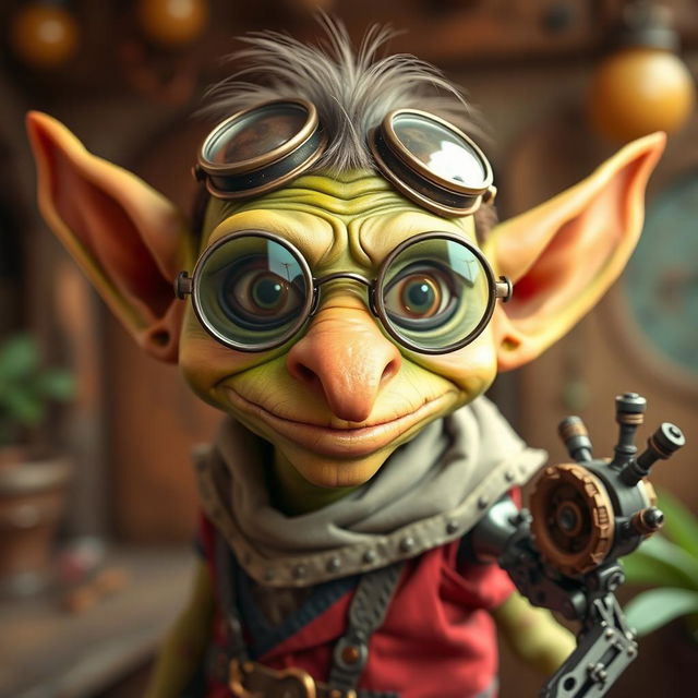 A quirky goblin character, sporting vintage 1940's aviator glasses, characterized by a long, pronounced nose