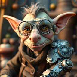 A quirky goblin character, sporting vintage 1940's aviator glasses, characterized by a long, pronounced nose