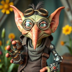 A quirky goblin character, sporting vintage 1940's aviator glasses, characterized by a long, pronounced nose