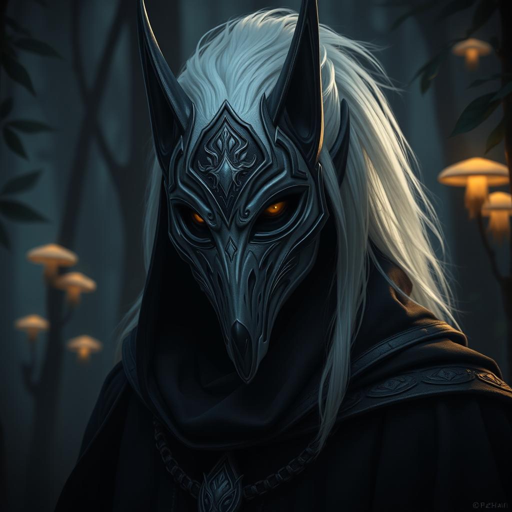 A mysterious drow character wearing an intricately designed mask inspired by the cunning appearance of a fox