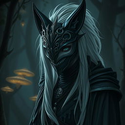 A mysterious drow character wearing an intricately designed mask inspired by the cunning appearance of a fox