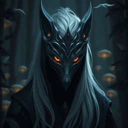 A mysterious drow character wearing an intricately designed mask inspired by the cunning appearance of a fox