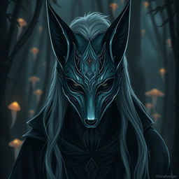 A mysterious drow character wearing an intricately designed mask inspired by the cunning appearance of a fox