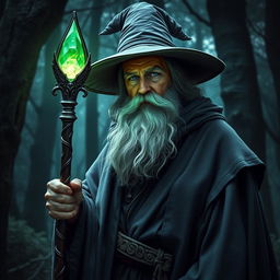 A powerful wizard holding a staff that has a glowing green emerald at the top