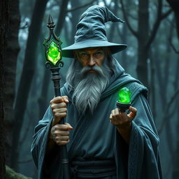 A powerful wizard holding a staff that has a glowing green emerald at the top