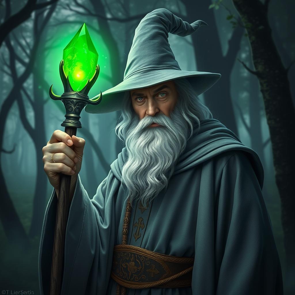 A powerful wizard holding a staff that has a glowing green emerald at the top