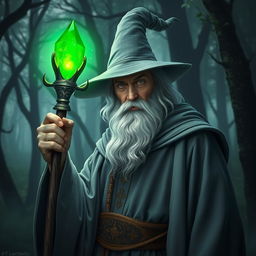 A powerful wizard holding a staff that has a glowing green emerald at the top