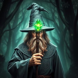 A powerful wizard holding a staff that has a glowing green emerald at the top