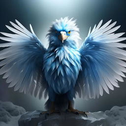 Generate a hyper-realistic portrait of a majestic bird with icy-blue feather hues, captivating sapphire eyes, standing tall with wings spread wide emanating a chilly aura