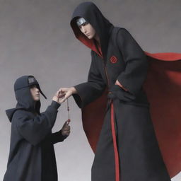 A striking image of Akatsuki, a young man from Naruto, skillfully manipulating an older character like a puppet with invisible strings