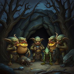 Five goblins gathered outside a foreboding cave entrance, surrounded by dead, gnarled trees