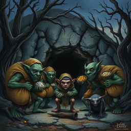 Five goblins gathered outside a foreboding cave entrance, surrounded by dead, gnarled trees