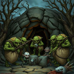 Five goblins gathered outside a foreboding cave entrance, surrounded by dead, gnarled trees