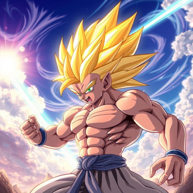 A corbac styled as if it were a character from Dragon Ball Z, showing dynamic energy and power, with spiky feathers reminiscent of Super Saiyan hair, glowing with a bright aura, set in a battle-ready pose