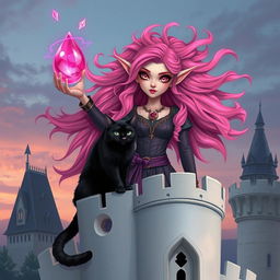 A teenage elf sorceress with captivating pink eyes and bright red lips, holding a mystical pink crystal ball