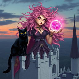 A teenage elf sorceress with captivating pink eyes and bright red lips, holding a mystical pink crystal ball