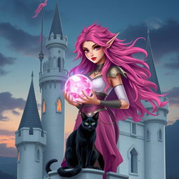 A teenage elf sorceress with captivating pink eyes and bright red lips, holding a mystical pink crystal ball