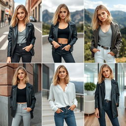 A stylish young woman with shoulder-length blonde hair in various fashionable poses