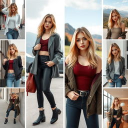 A stylish young woman with shoulder-length blonde hair in various fashionable poses