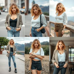 A stylish young woman with shoulder-length blonde hair in various fashionable poses