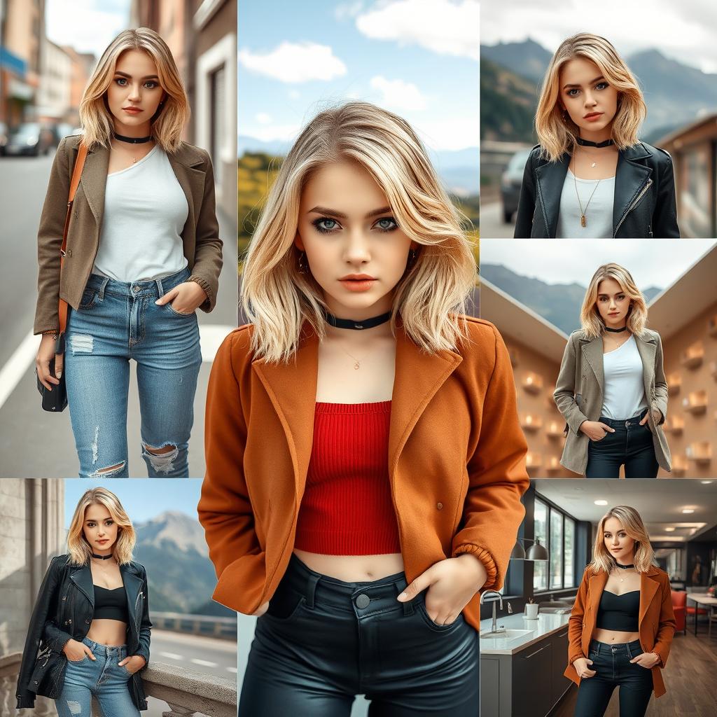 A stylish young woman with shoulder-length blonde hair in various fashionable poses