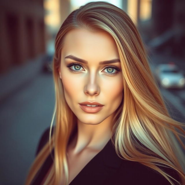 a stunning portrait of a woman with long flowing hair, sharp features, and captivating eyes