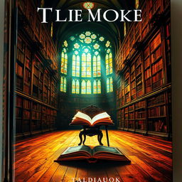 A captivating book cover featuring a mysterious, ancient library whose shelves reach up to a grand, vaulted ceiling