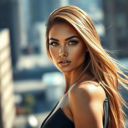 a stunning portrait of a woman with long flowing hair, sharp features, and captivating eyes