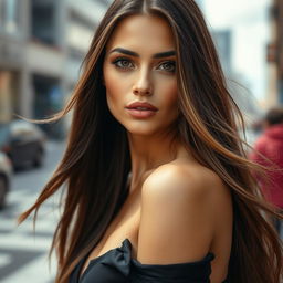 a stunning portrait of a woman with long flowing hair, sharp features, and captivating eyes