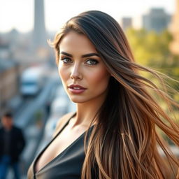 a stunning portrait of a woman with long flowing hair, sharp features, and captivating eyes