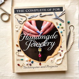 A crafted cover for 'The Complete Guide to Handmade Jewelry: Techniques and Projects', featuring a collage of various jewelry-making techniques and tools