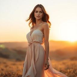 A beautiful woman standing confidently in a scenic landscape, wearing an elegant flowing dress that gently sways with the breeze, evoking a sense of freedom and natural beauty