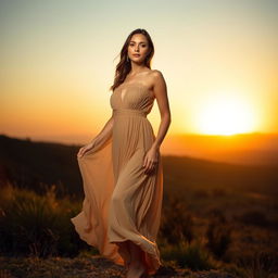 A beautiful woman standing confidently in a scenic landscape, wearing an elegant flowing dress that gently sways with the breeze, evoking a sense of freedom and natural beauty