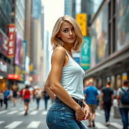 Woman with shoulder-length blonde hair wearing a white tank top and blue jeans, looking confidently at the camera in an urban setting