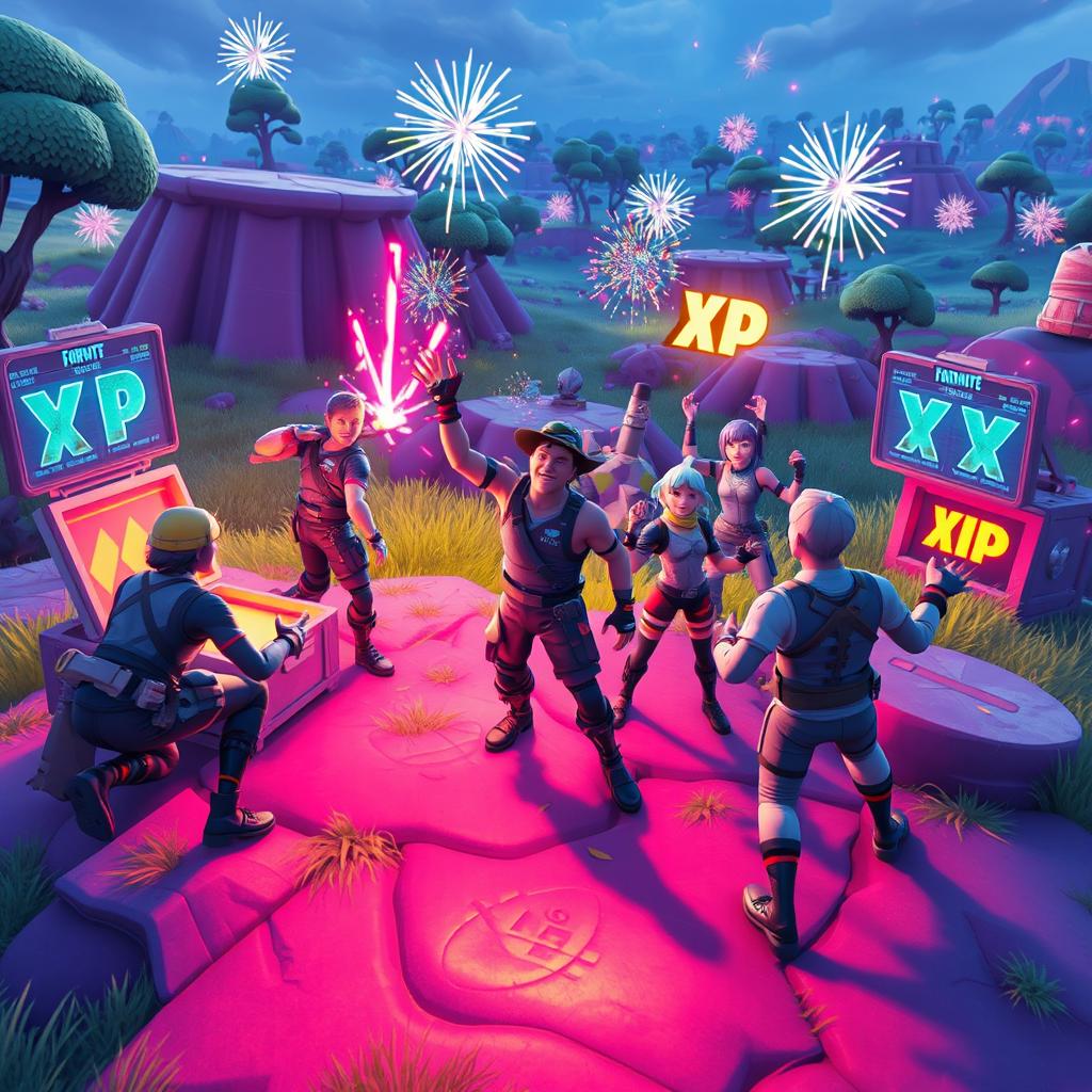 A dynamic and colorful scene from Fortnite showcasing characters leveling up