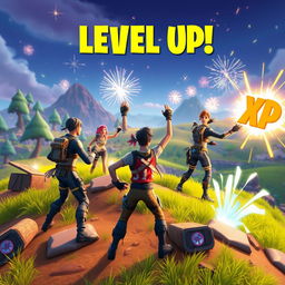 A dynamic and colorful scene from Fortnite showcasing characters leveling up