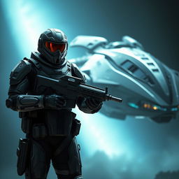 A futuristic soldier wearing advanced technological armor, holding an automatic weapon