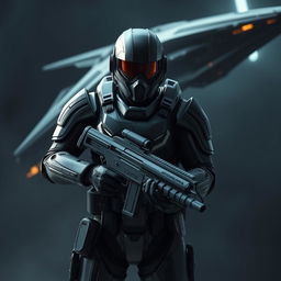 A futuristic soldier wearing advanced technological armor, holding an automatic weapon