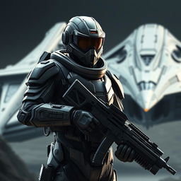 A futuristic soldier wearing advanced technological armor, holding an automatic weapon